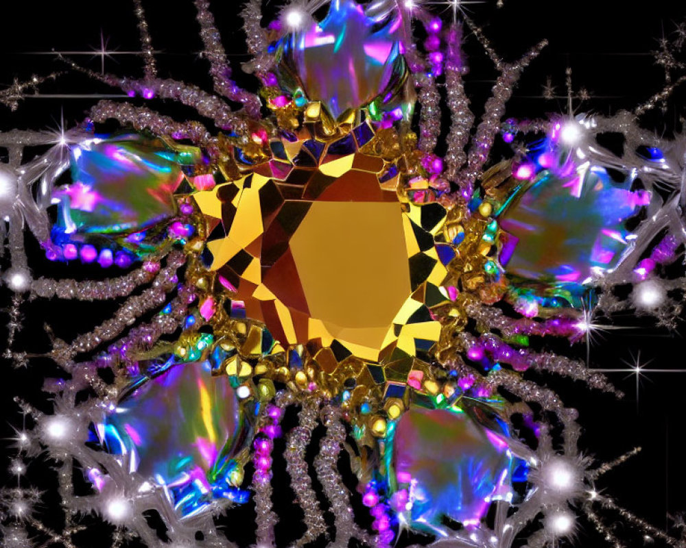 Colorful digital artwork with golden polygon and gem-like structures on black background