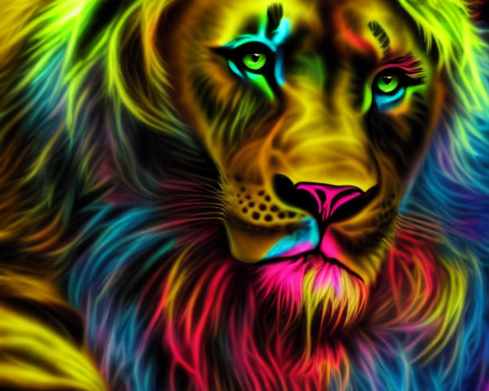 Colorful Lion Digital Painting with Neon Mane and Blue-Green Eyes