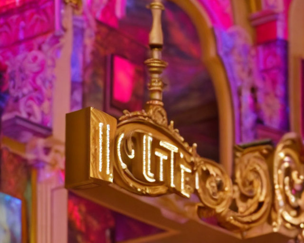 Golden ornate illuminated hotel sign with blurred luxurious interior background.