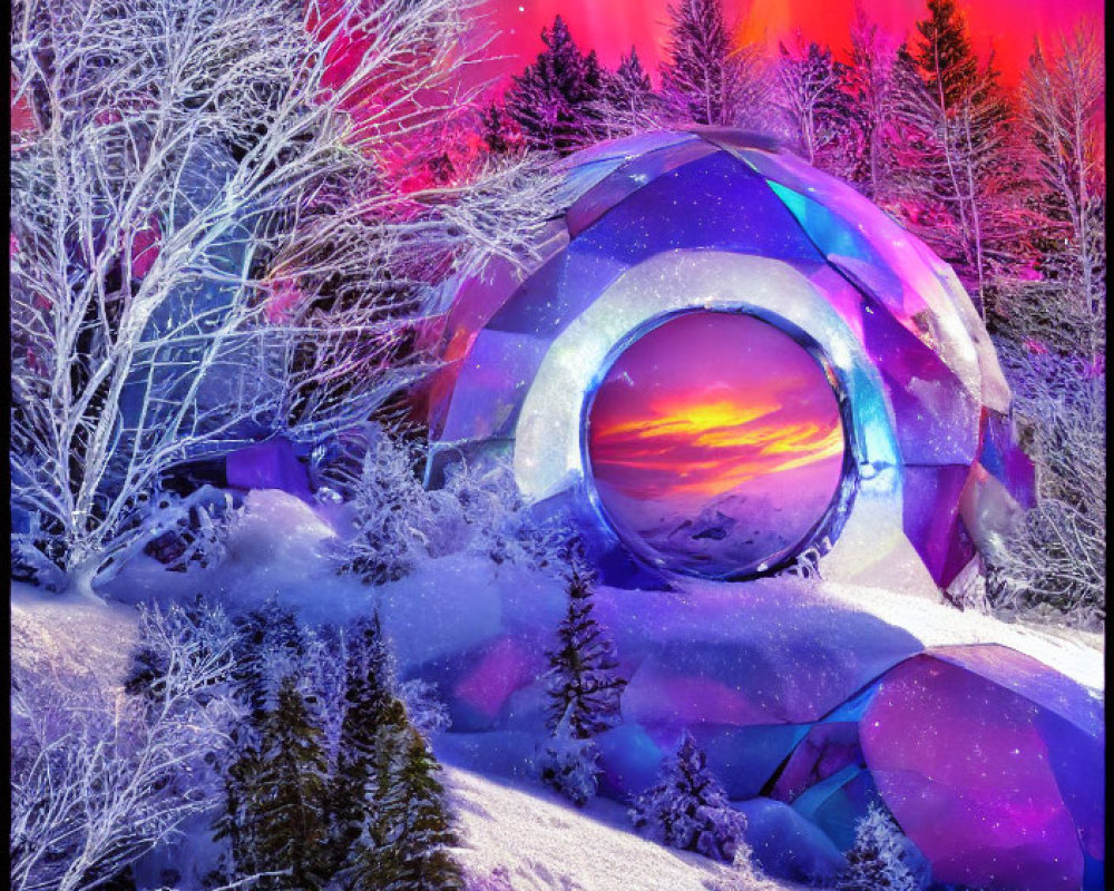 Futuristic dome in snowy landscape under aurora-lit sky