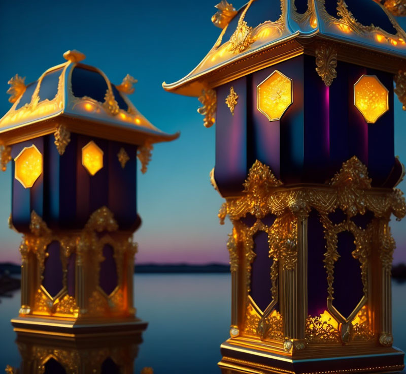 Ornate Lanterns with Golden Details and Glowing Lights at Dusk