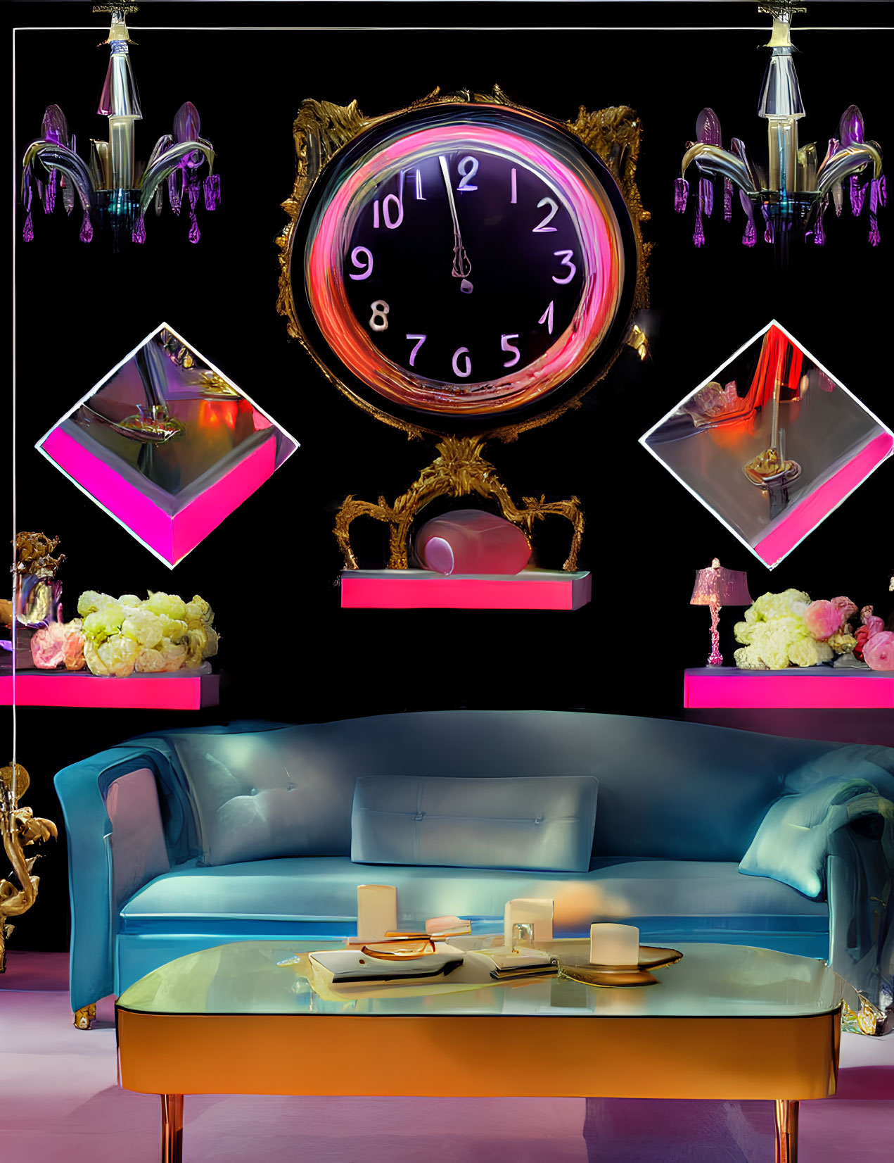 Surreal interior with melting clock, floating shelves, elegant lighting, multicolored sofa