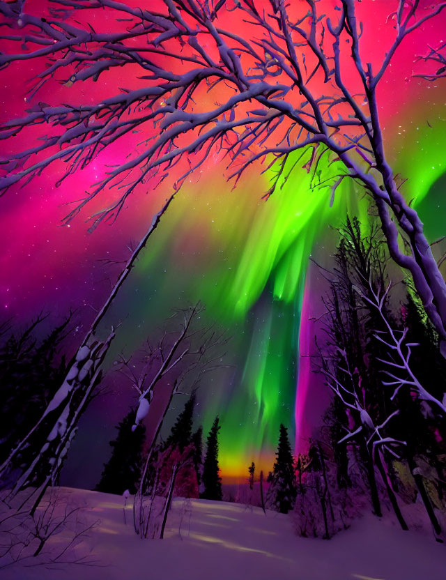 Colorful Aurora Borealis Over Snowy Forest at Night