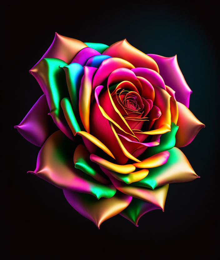 Digitally altered rainbow rose with neon glow on dark background