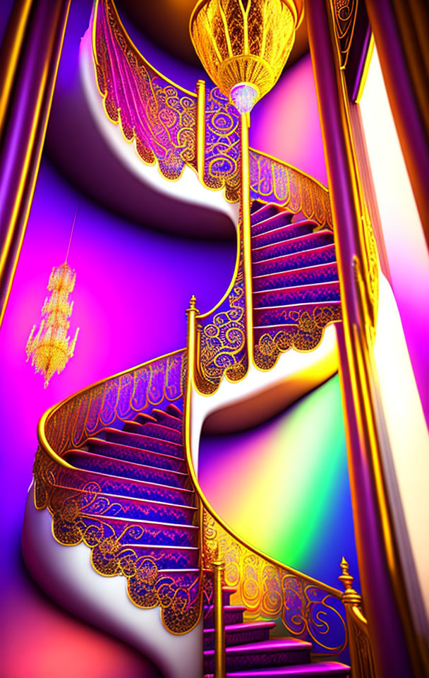 Ornate spiral staircase with golden railings on purple background