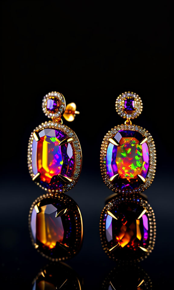 Elegant gold earrings with multicolored gemstones and crystals on dark glossy surface