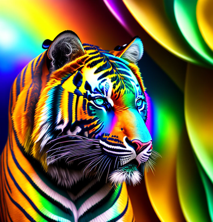 Colorful Tiger Image with Multicolored Stripes on Rainbow Background