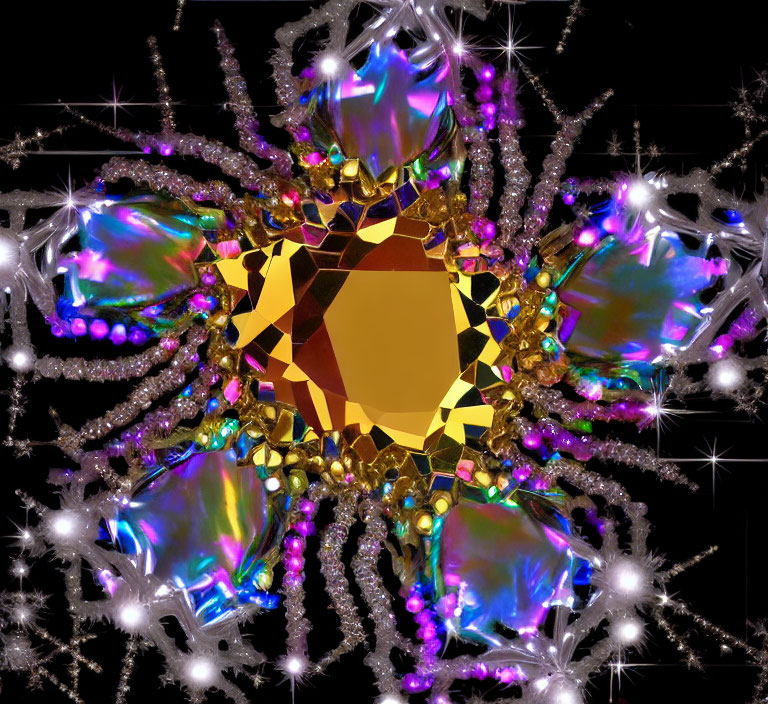 Colorful digital artwork with golden polygon and gem-like structures on black background