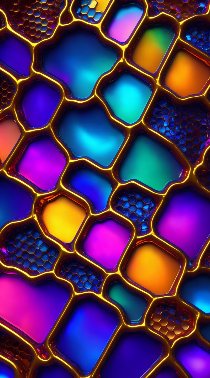 Colorful honeycomb pattern with iridescent blue, purple, and orange hues.