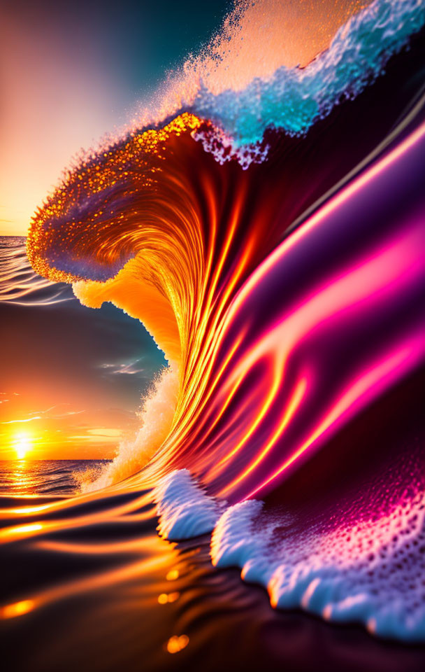 Vibrant digitally altered wave against sunset with pink and orange tones