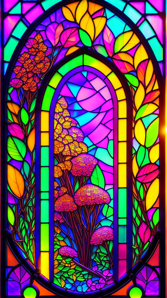 Colorful floral stained glass window in Gothic arch frame