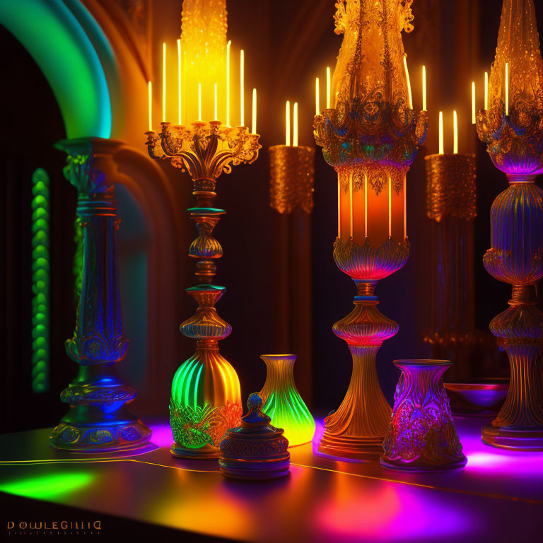 Colorful Neon Candle Holders on Dark Background