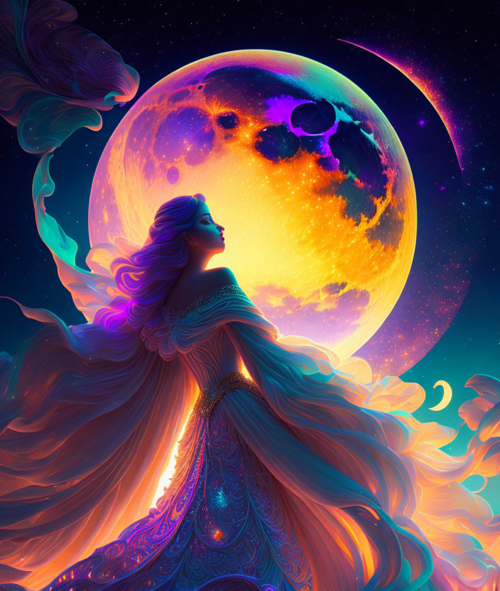 Woman in flowing gown gazes at oversized moon in surreal sky