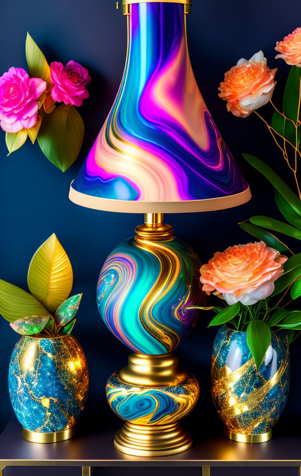 Colorful Psychedelic Table Lamp with Swirling Blue, Purple, and Gold Patterns