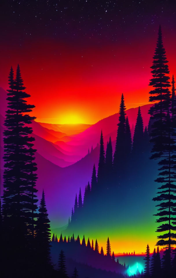 Colorful sunset over pine trees against starry sky