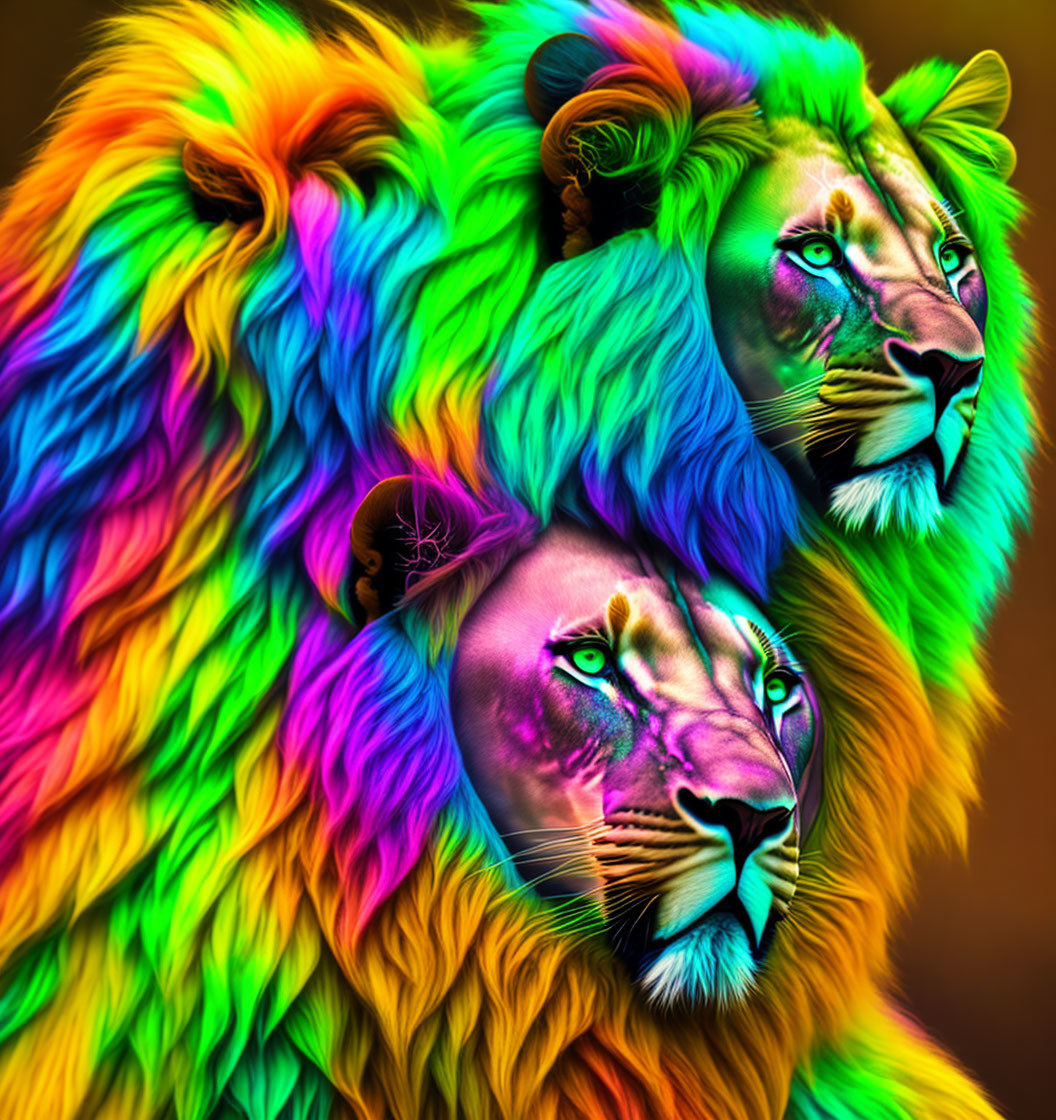 Colorful digital artwork: Two lions with rainbow manes in vivid, psychedelic depiction