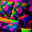 Colorful interior scene featuring plush floral-patterned sofa in neon-lit contemporary setting