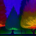 Vibrant neon digital art: stylized trees with gradient leaves on black background