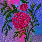 Neon pink, green, and blue roses in psychedelic digital art