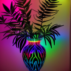 Colorful Backlit Vase with Neon Flame Pattern and Silhouetted Palm Fronds