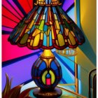 Colorful Floral Stained Glass Tiffany Lamp Illuminating Simple Background