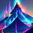 Surreal neon-colored mountains under swirling sky