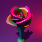 Vibrant digitally enhanced rose in slender vase on purple background