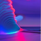 Neon-lit wave artwork with purple and blue hues cresting at sunset