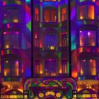 Colorful neon-lit building facade with intricate architectural details in purples, blues, and gold