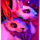 Metallic-colored rabbit sculptures embracing on bokeh backdrop