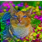 Metallic-textured cat in cosmic backdrop on blue mat with hanging plants