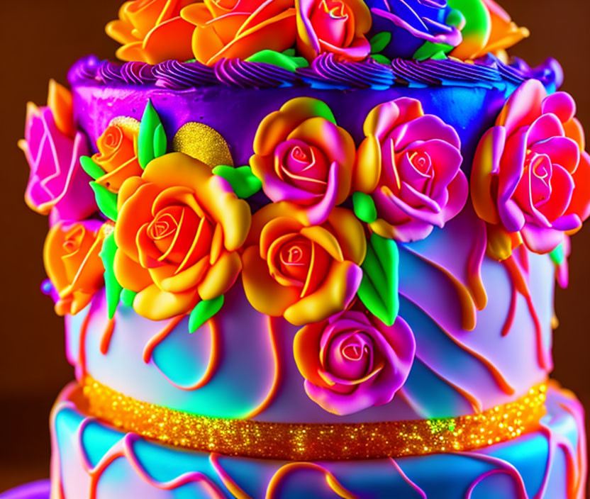 Colorful two-tiered cake with vibrant roses and multicolored icing swirls