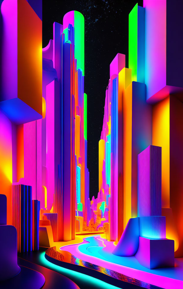 Neon-colored abstract cityscape with skyscrapers under starry sky