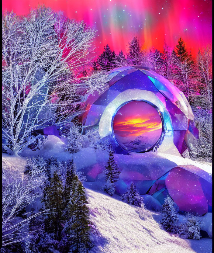 Futuristic dome in snowy landscape under aurora-lit sky