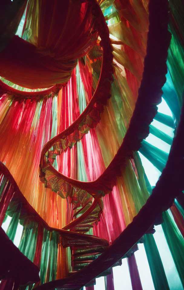 Vibrant hanging ribbons on spiral staircase in red, green, and yellow