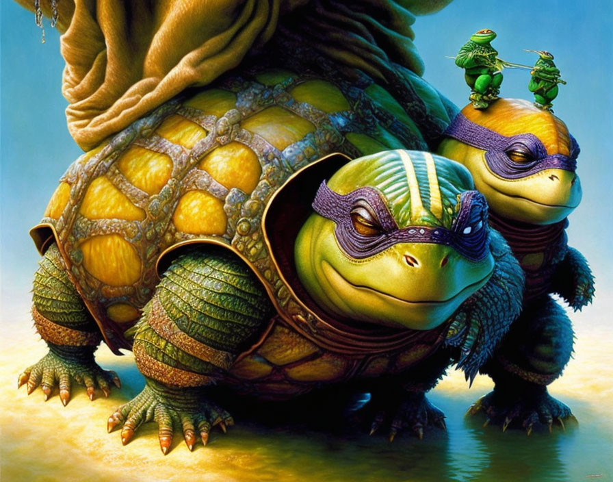 Two anthropomorphic turtles in colorful environment.