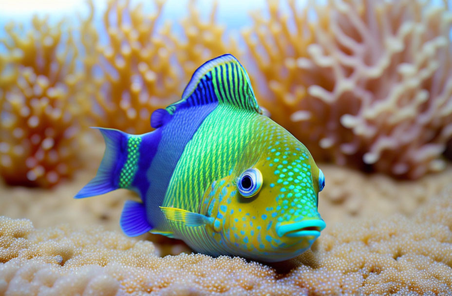 Vibrant tropical fish with blue and yellow patterns in coral reef scene