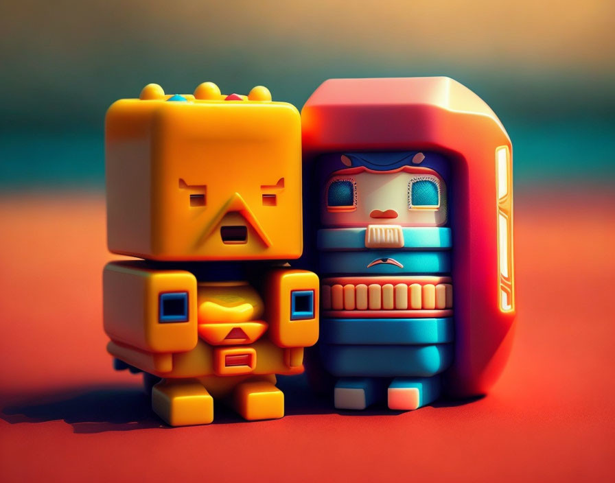 Stylized anthropomorphic robot figures in yellow and blue with emotive faces on blurred background