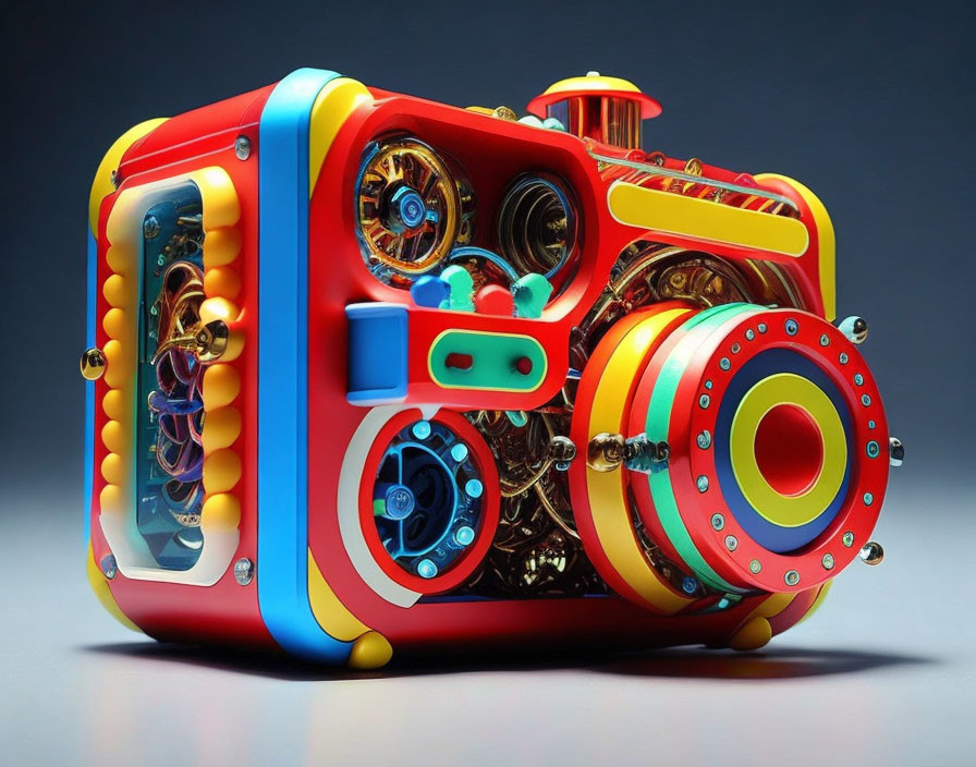 Steampunk-inspired colorful toy camera with gears and dials on blue-gray background