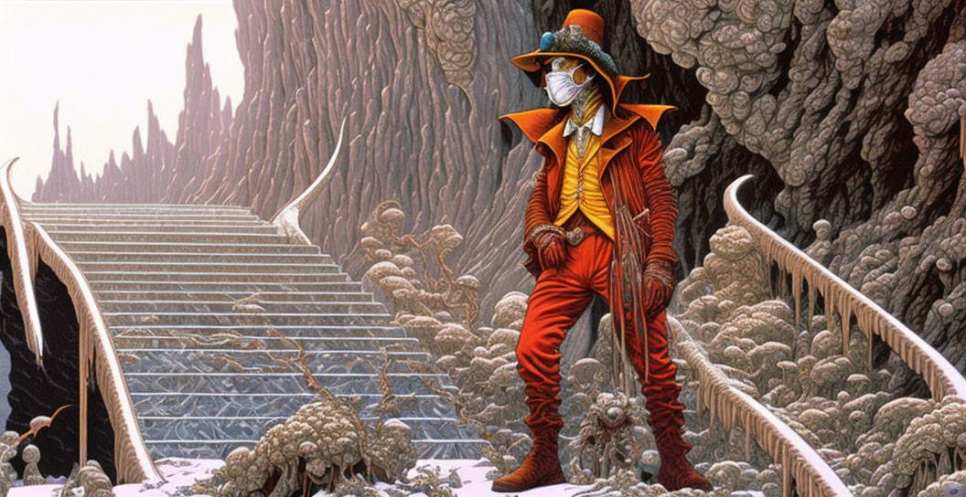 Colorful character in red and orange suit with plumed hat and mask in surreal landscape.