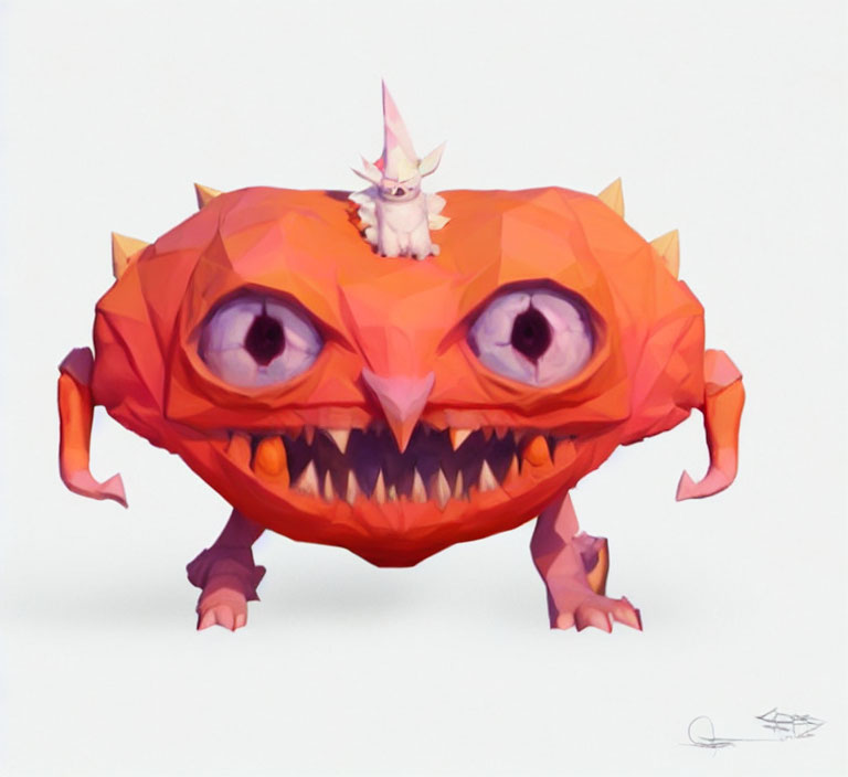 Stylized digital artwork of large orange creature with purple eyes and sharp teeth