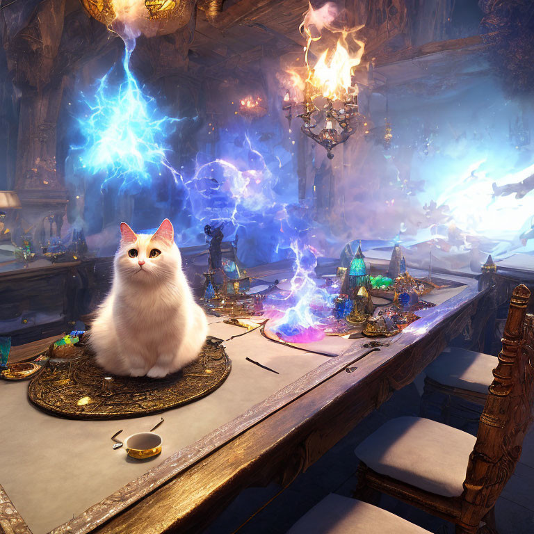 White Cat Surrounded by Magical Items and Blue Flames