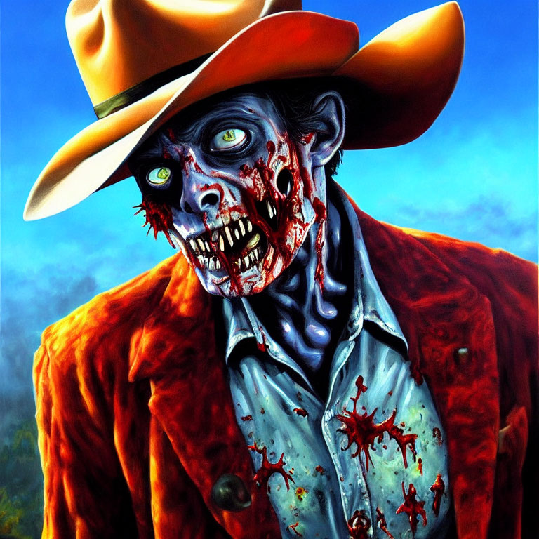 Zombie cowboy with tattered face and red jacket under blue sky