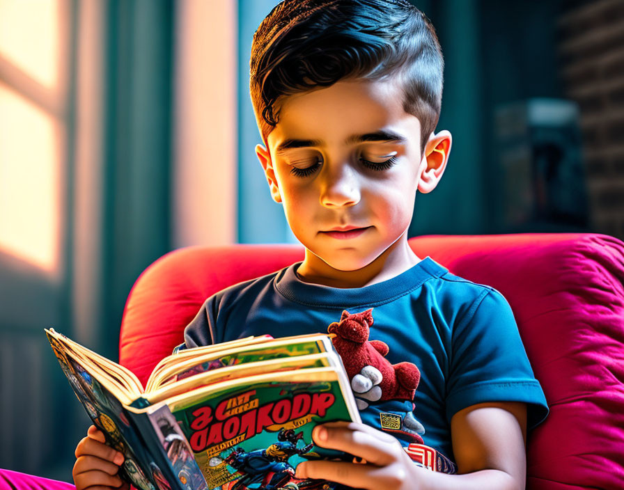 Young boy engrossed in colorful comic book on red armchair in warmly lit room