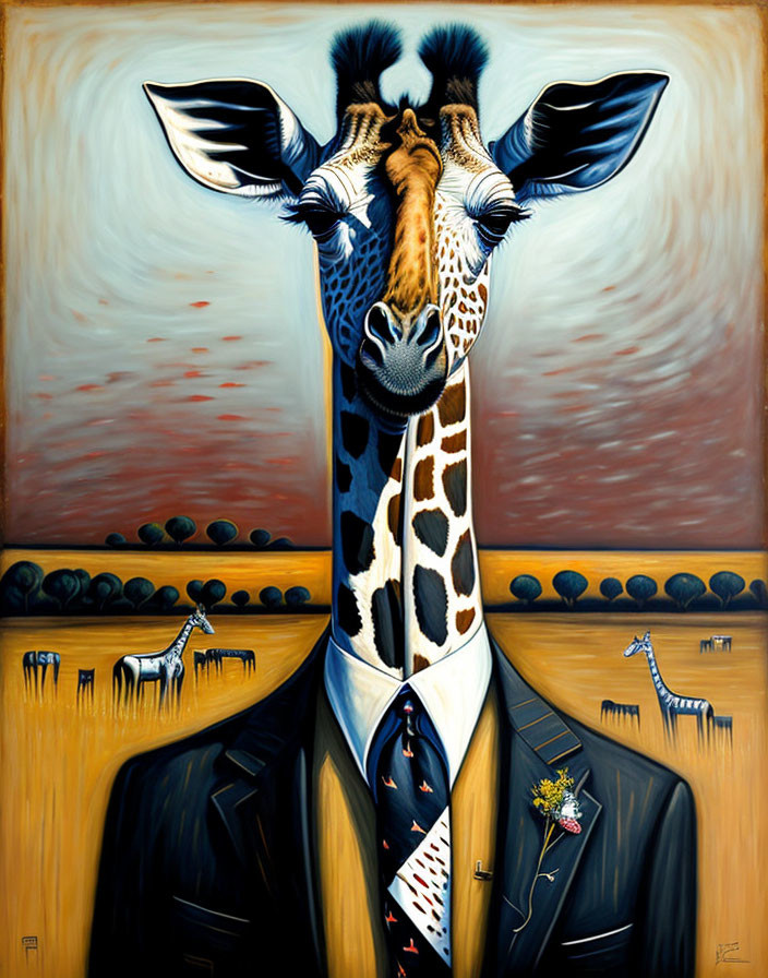 Surreal painting: Giraffe in business suit with flower corsage