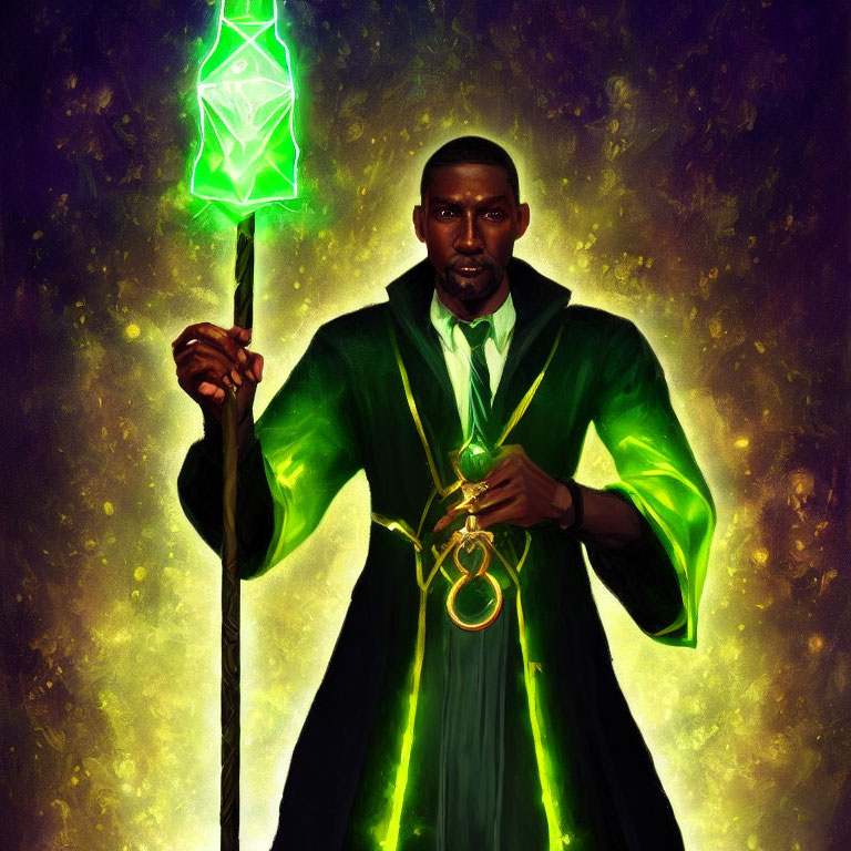 Man in Green Cloak with Lantern and Staff on Mystical Background