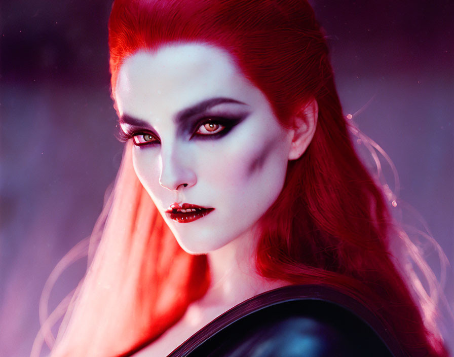 Portrait of person with red hair, pale skin, smokey eye makeup & sharp features.