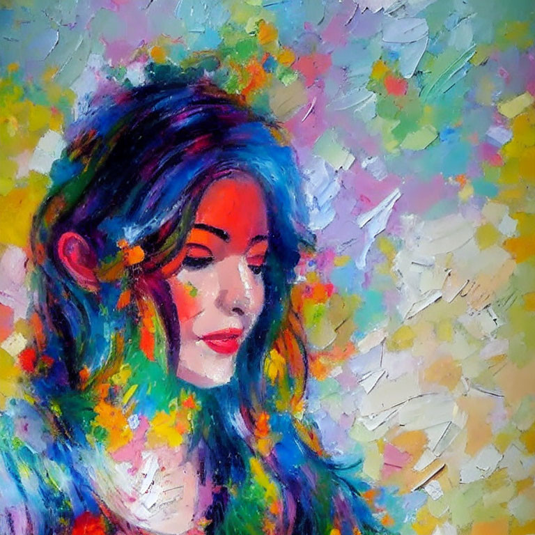 Vibrant abstract painting of a woman with colorful hair and contemplative expression