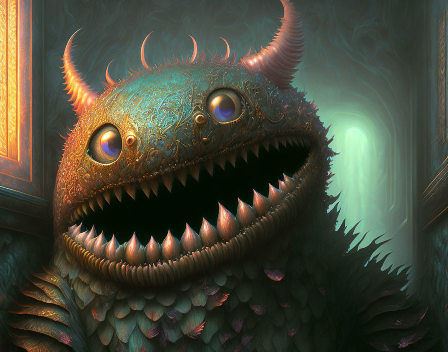 Fantastical creature with large eyes, sharp teeth, and ornate horned head in dimly