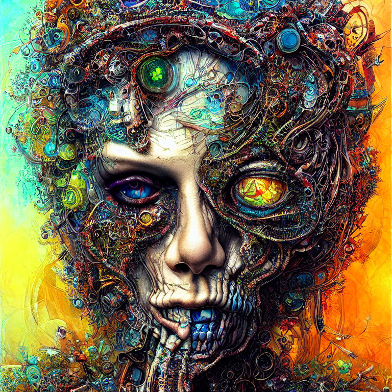 Colorful Cybernetic Portrait with Human Face and Blue Eyes